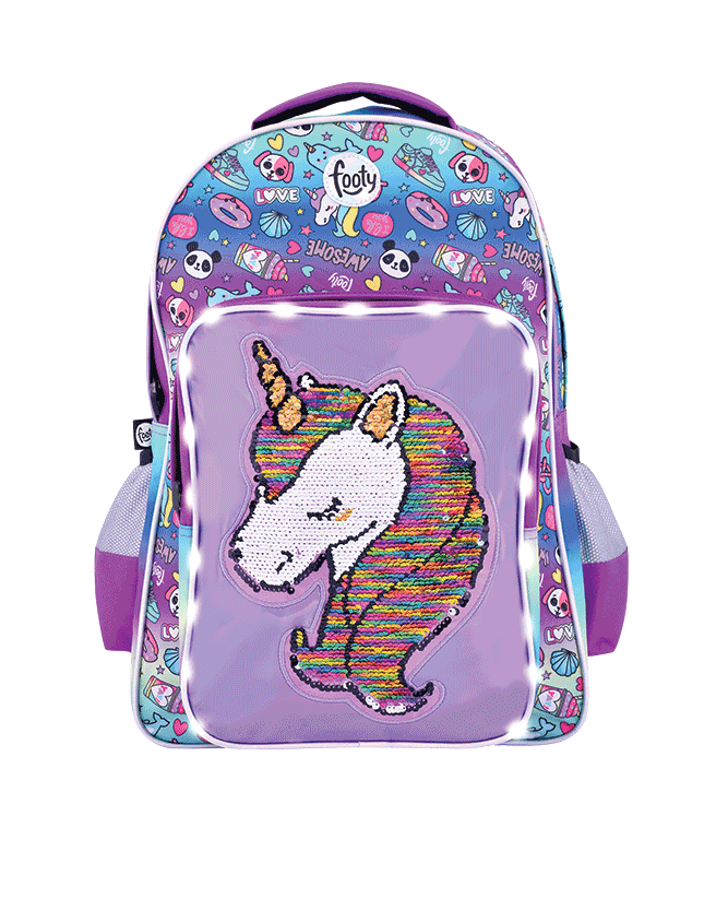 Disfraces estudio Destrucción Mochila Unicornio lila - Tienda Footy - Compra Online tus mochilas con  luces y lentejuelas